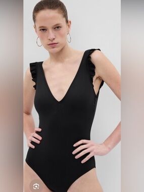 GAP Black Ruffle Strap V-Neck Swimsuit